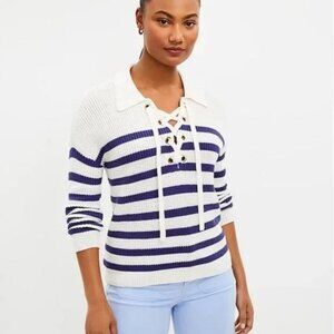 LOFT Striped Lace Up Polo Sweater Womens XS White Blue Soft Cozy Knit Nautical
